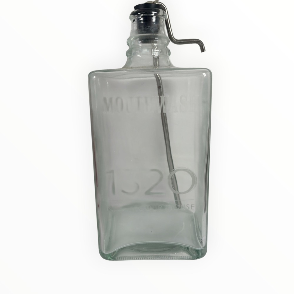 Unbranded Mouthwash Decanter Bottle Clear Glass 8in Etched 1320 North Courthouse